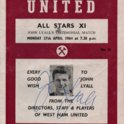 John Lyalls West Ham Signed Copy Of His Testimonial Programme: 1964 programme is signed to the cover of his testimonial programme by himself.