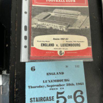1961 England v Luxembourg Football Ticket: Full International played at Arsenal in good condition with tiniest piece missing from corner. C/W programme. (2)