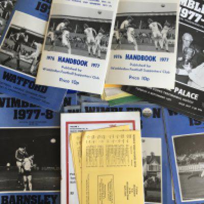 1970s Wimbledon Home Football Programmes: Hundreds from their first season in the league 77/78 and more to include Dons Outlook and fixture cards. Estimate 500 programmes with heavy duplication in excellent condition.