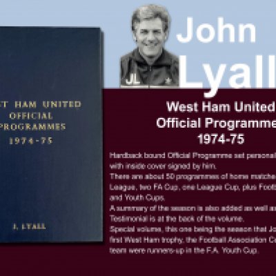 John Lyalls 74-75 West Ham Bound Volume Of Football Programmes: Official bound volume with around 50 programmes covering all home matches in the numbered set. Consists of all League FA Cup, League Cup, Reserves and Youth. Front is embossed J Lyall and is signed by him on the inside cover. This was the season he won the FA Cup with the Hammers. Includes summary of the season.