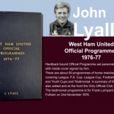 John Lyalls 76-77 West Ham Bound Volume Of Football Programmes: Official bound volume with around 50 programmes covering all home matches in the numbered set. Consists of all League FA Cup, League Cup, Reserves and Youth. Front is embossed J Lyall and is signed by him on the inside cover. Includes summary of the season.