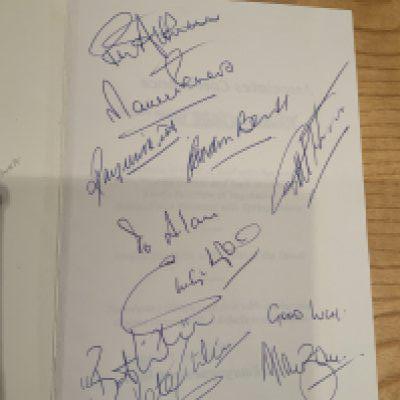 England Players Signed Football Menu: Blank page inside 1997 menu hand signed without dedication by World Cup winners Ball Hurst Peters Banks plus Shilton Wilkins Ron Atkinson and a dedicated to Alan signature of Emlyn Hughes.