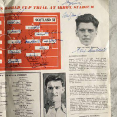 1958 Scotland World Cup Team Autographs v Rangers: Harder to obtain Rangers v Scotland X1 programme billed as a World Cup Trial for forthcoming tournament (see lot 366). Team page is neatly signed by the whole Scotland team plus subs Alex Young and Doug Cowie. The 11 signed to page are Collins Murray Mudie Brown Imlach Mackay Evans Docherty Caldow Hewie and Younger.