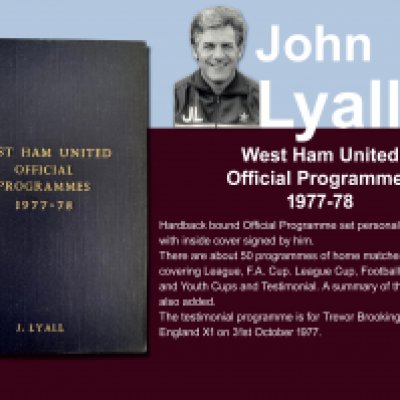 John Lyalls 77-78 West Ham Bound Volume Of Football Programmes: Official bound volume with around 50 programmes covering all home matches in the numbered set. Consists of all League FA Cup, League Cup, Reserves and Youth. Front is embossed J Lyall and is signed by him on the inside cover. Includes summary of the season.