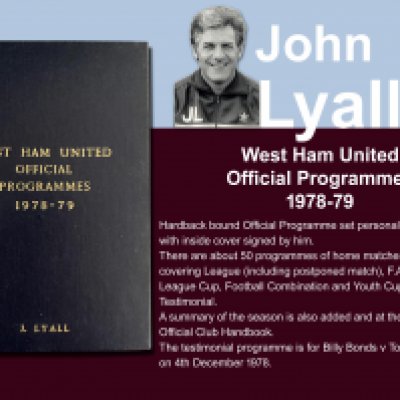 John Lyalls 78-79 West Ham Bound Volume Of Football Programmes: Official bound volume with around 50 programmes covering all home matches in the numbered set. Consists of all League FA Cup, League Cup, Reserves and Youth. Front is embossed J Lyall and is signed by him on the inside cover. Includes summary of the season.