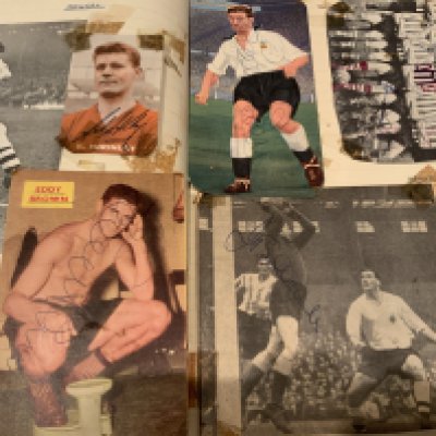 Signed Football Scrapbook: Quantity of hand signed undedicated autographs on various size magazine pictures. All have been stuck into scrapbook and have tape marks to corner and most have come loose so with a little trim you could lose the tape marks. The majority are late 50s and 60s with some great names to include an Everton 1960s team group signed by 15. Worth a look.