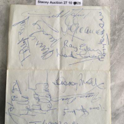 1960s West Ham + Tottenham Football Autographs: A folded page signed by West Ham players Bobby Moore and Geoff Hurst. Tottenham players Phil Beal Terry Venables Ray Evans Jimmy Greaves have signed amongst others. The Bobby Moore autograph could be removed for displaying purposes.