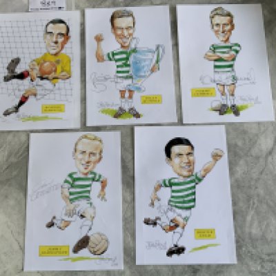 Celtic 1967 Lisbon Lions Signed Football Caricatures: Bob Bond 8 x 6 inch caricatures all hand signed without dedication. Direct from trusted source who used to arrange dinners in their honour. Includes Simpson McNeill Gemmell Johnstone and Auld. (5)