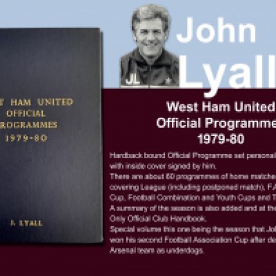John Lyalls 79-80 West Ham Bound Volume Of Football Programmes: Official bound volume with around 50 programmes covering all home matches in the numbered set. Consists of all League FA Cup, League Cup, Reserves and Youth. Front is embossed J Lyall and is signed by him on the inside cover. Includes summary of the season. This is the season West Ham won the FA Cup.