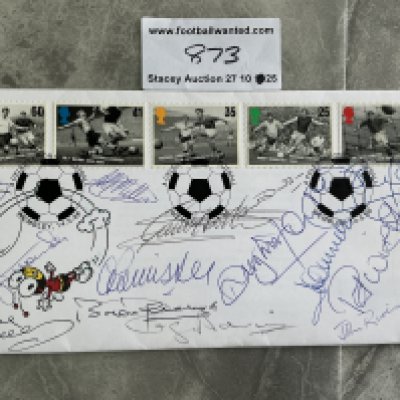 Derby County Legends Signed First Day Cover: Firstly, a letter on Derby headed paper thanking the charity organiser for attending a Derby Golf day of former players and explaining they were happy to help get this item signed. The FDC is signed by 28 to front and back with every autograph identified on a seperate sheet. For full list see online picture. Includes Brian Clough Roy McFarland Archie Gemmill Francis Lee Kevin Hector Dave Mackey and Alan Durban.