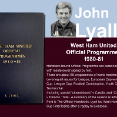 John Lyalls 80-81 West Ham Bound Volume Of Football Programmes: Official bound volume with around 50 programmes covering all home matches in the numbered set. Consists of all League FA Cup, League Cup, ECWC, Reserves and Youth. Front is embossed J Lyall and is signed by him on the inside cover. Includes summary of the season. This season West Ham were promoted to division one and got to the League Cup final. Youth finals included.