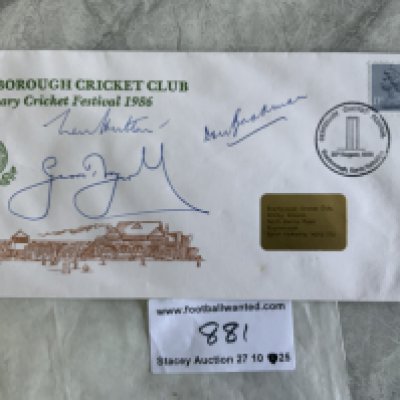 Bradman Hutton Boycott Signed Cricket 1st Day Cover: 1986 Scarborough cricket festival FDC hand signed without dedication by Len Hutton Geoff Boycott and Don Bradman.