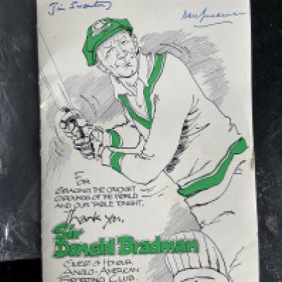 Don Bradman Signed Cricket Menu: 1974 Anglo American Boxing Dinner event from the Hilton London. Bradman is featured on the cover on cartoon by Roy Ullyett. Bradman has signed neatly in pen without dedication. Cricket journalist Jim Swanton has also signed. Writing inside. Nice item.