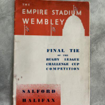 1939 Rugby League Cup Final Football Programme: Salford v Halifax played at Wembley in good condition with no team changes. Similar style to FA Cup final programme of same season. Ex rusty staples have left a hole where they used to be.