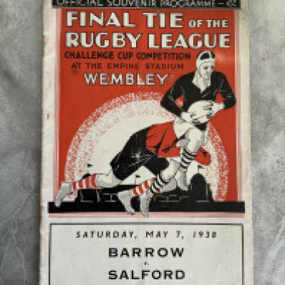 1938 Rugby League Cup Final Football Programme: Salford v Barrow played at Wembley in good condition with no team changes. Similar style to FA Cup final programme of same season. Ex rusty staples have left a hole where they used to be.