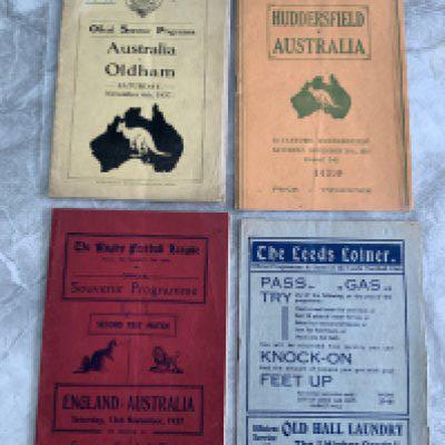 1937 Australia Rugby England Tour Programmes: Matches at Leeds Huddersfield Oldham ( year written to cover ) and an International match v England at Swinton. Overall good. (4)