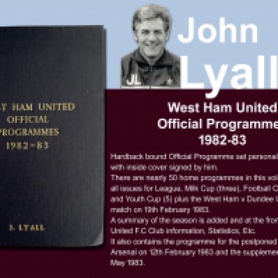 John Lyalls 82-83 West Ham Bound Volume Of Football Programmes: Official bound volume with around 50 programmes covering all home matches in the numbered set. Consists of all League FA Cup, League Cup, Reserves and Youth. Front is embossed J Lyall and is signed by him on the summary of the season.