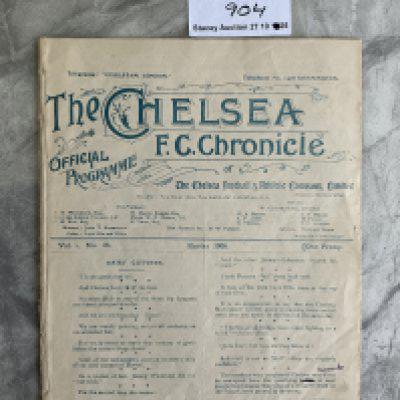 1905 - 1906 Chelsea v Manchester United Football Programme: Played at Chelsea in their first season. 8 page ex bound programme includes Chelseas other matches over Easter. Good condition programme with evidence of ex bound at spine area and no staple. No writing. Chelsea were only formed in 1905. Rare item indeed.