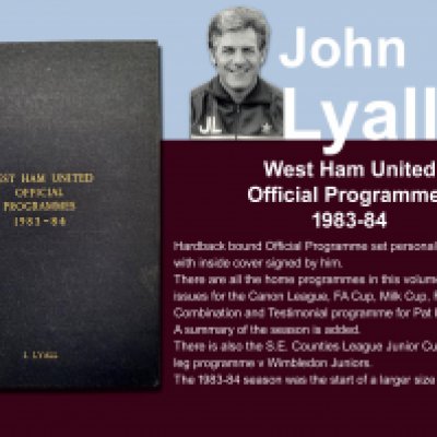 John Lyalls 83-84 West Ham Bound Volume Of Football Programmes: Official bound volume with around 50 programmes covering all home matches in the numbered set. Consists of all League FA Cup, League Cup, Reserves and Youth. Front is embossed J Lyall and is signed by him on the summary of the season.