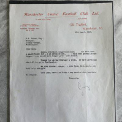 1965 Letter From Manchester United To Northampton Town: Lovely letter on Manchester United headed paper from assistant manager Jimmy Murphy to Dave Bowen the Northampton manager. Northampton were about to get into division one and he states you have done a magnificent job. It mentions he wishes Northamptons ground was bigger and thanks him for giving McGregor a trial and Man Utd were going to let him go to Southampton. Dated 26 4 1965 and signed Jimmy. Superb piece of history from Busby Babe temporary manager to congratulate the man he brought into the Welsh team on Northamptons greatest hour.