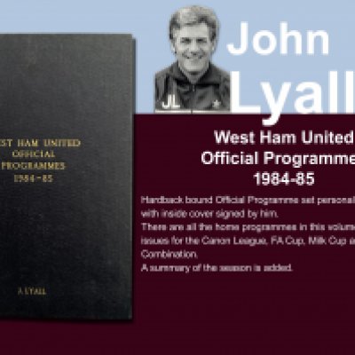 John Lyalls 84-85 West Ham Bound Volume Of Football Programmes: Official bound volume with around 50 programmes covering all home matches in the numbered set. Consists of all League FA Cup, League Cup and Reserves. Front is embossed J Lyall and is signed by him on the summary of the season. Does not include Chelsea postponed.