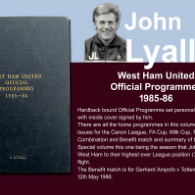 John Lyalls 85-86 West Ham Bound Volume Of Football Programmes: Official bound volume with around 50 programmes covering all home matches in the numbered set. Consists of all League FA Cup, League Cup, Reserves and Youth. Front is embossed J Lyall and is signed by him on the summary of the season. This includes two postponed matches but not Manchester United. West Ham achieved their highest ever position in the top flight.