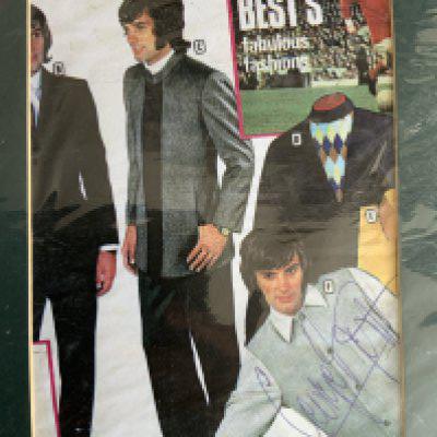 George Best (Manchester United) Shop Jacket + Signed Advert: Stunning grey 1960s unused jacket and picture of Best wearing this style on an advert which he has signed. Inside label reads George Best Special. No size given but possibly medium in wool and polyester.