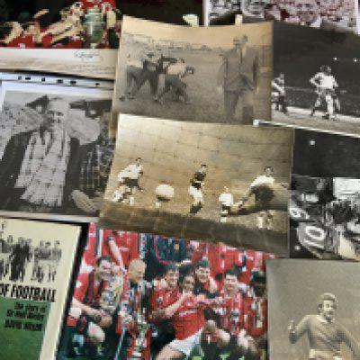 Manchester United Press Photos: Signed David May 1999 Treble photo and signed FA cup winners photo. Press photos featuring Law Stiles and others. Comes with a Matt Busby Father Of Football book. (11)