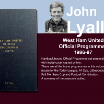 John Lyalls 86-87 West Ham Bound Volume Of Football Programmes: Official bound volume with around 50 programmes covering all home matches in the numbered set. Consists of all League FA Cup, League Cup, Reserves and Full Members Cup. Front is embossed J Lyall and is signed by him on the inside on the summary of the season.