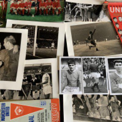 Manchester United 1968 European Cup Final Memorabilia: 3 postcards of Best Stiles and Dunne all probably hand signed. C/W final programme, photos and a pennant with result on.