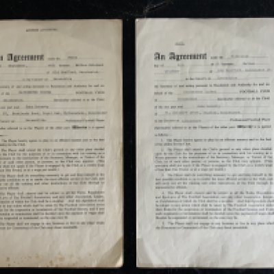 John Doherty 1950s Manchester United Football Contracts: John played for Man Utd from 1952 to 1957 and these are his annual contracts for 54/55 and 55/56. In the 55/56 season he made 26 appearances scoring 7 goals in the championship season. John moved to Leicester in 1957 avoiding the ill fated trip to Munich the next season in which he later did charity work for as Chairman of the former Manchester United Players Association. (2)