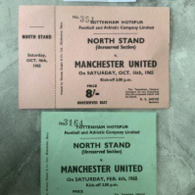 64/65 + 65/66 Tottenham v Manchester United Football Tickets: League matches with 65/66 still having counterfoil attached. Good. (2)