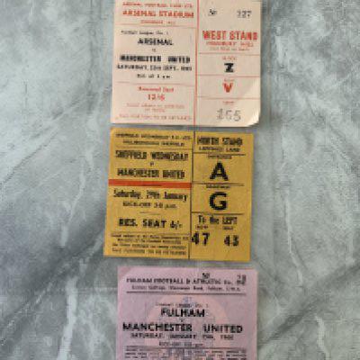 65/66 Manchester United Away Football Tickets: League matches at Arsenal Fulham and Sheffield Wednesday. Good. (3)