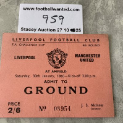 59/60 Liverpool v Manchester United Football Ticket: Good condition FA Cup 4th round ticket at Anfield.