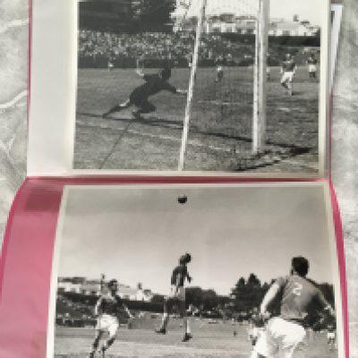 Manchester United 1960s Football Press Photos: Match action on a foreign tour possibly to Bilbao x 3, travelling party at a function, being greeted on the runway and Matt Busby mainly with Valencia press stamps. Additionally there are team groups, individual pictures and casual team line ups in Spain when they were visiting the filming of 55 Days In Peking. Large black and white photos are all from the press with only a couple not having stamps to rear. (18)