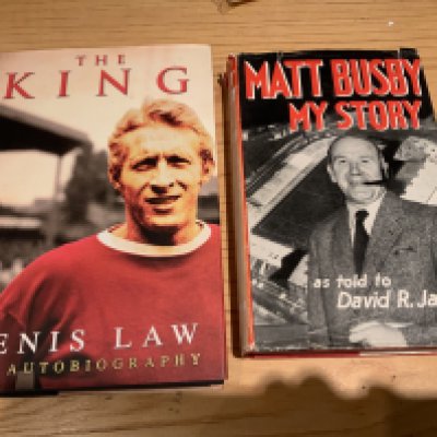 Matt Busby + Denis Law Signed Manchester United Football Books: Both books hand signed without dedication. Busby book has fading to spines dust jacket. (2)