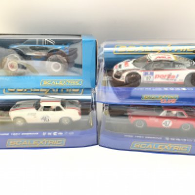 4 Boxed Scalextric Cars including 2 MGB 1964 Sebring. An Audi R8 LMS and a Monster Truck Predator.