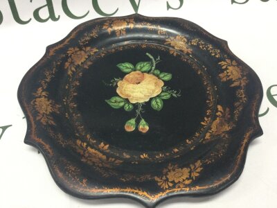 A Victorian paper mache tray with painted rose, 27cm wide.