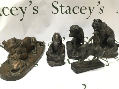 A collection of modern bronze figures including Frederic Hemington The Cowboy Frankin Mint , P.J Mene dog, two A.L BARYE lioness  figures.