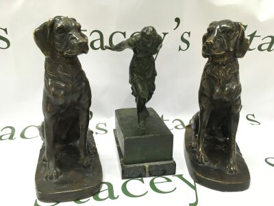 Bronze figures including a pair of hunting dog figures & a JOSEF MARATKA Prague ,female figure in motion figure on base. 22 and 23cm tall.