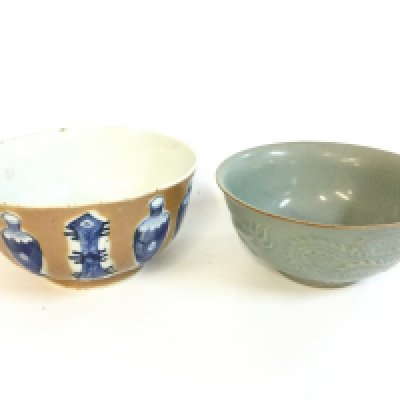 A Chinese Batavia ware bowl and a Chinese Song Ru Kiln Grey of blue porcelain dragon chasing phoenix bowl . 13cm wide approx 7 and 6cm tall.