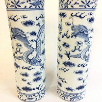 Two Chinese blue and white dragon chasing pearl vases , 30cm tall