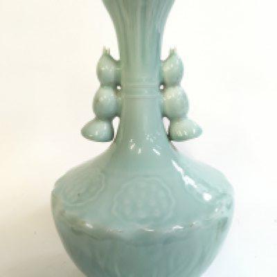 A Chinese porcelain cyan glaze lotus root vase with a six character mark at base. 34cm tall.- NO RESERVE