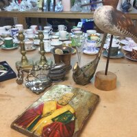 A modern icon, decoy duck, Silver hallmarked shaker, brass pair of candlesticks , boxed Moorcroft dish etc