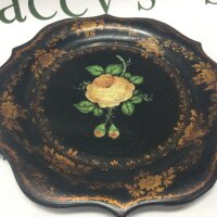 A Victorian paper mache tray with painted rose, 27cm wide.