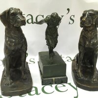 Bronze figures including a pair of hunting dog figures & a JOSEF MARATKA Prague ,female figure in motion figure on base. 22 and 23cm tall.
