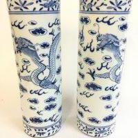 Two Chinese blue and white dragon chasing pearl vases , 30cm tall