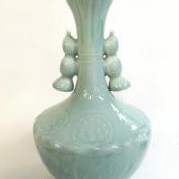 A Chinese porcelain cyan glaze lotus root vase with a six character mark at base. 34cm tall.- NO RESERVE
