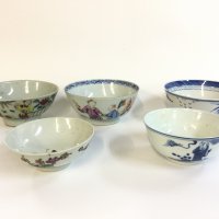 Five Chinese bowls including blue and white and Famille rose examples . NO RESERVE