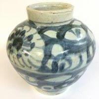 A large Chinese Ming Dynasty style blue and white porcelain jar . 23cm tall approximately.